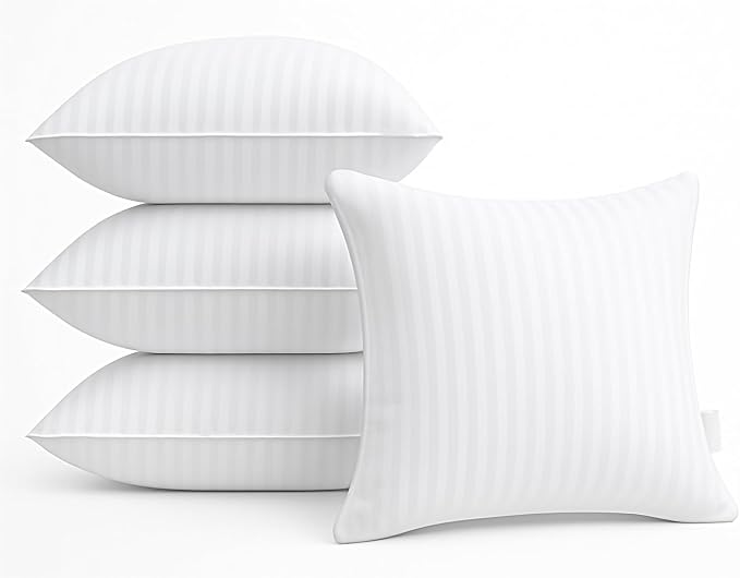 Oubonun 18 x 18 Throw Pillow Inserts Set of 4 | Firm and Fluffy Decorative Square Pillows for Couch Bed Sofa with Soft Cotton Cover White Cushion with Down Alternative