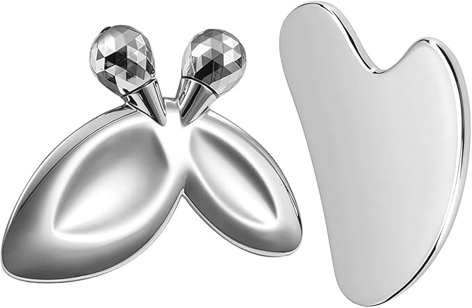erdnretl Gua Sha Facial Tools and Face Roller Set, Stainless Steel Facial Sculpting Eyes Roller Guasha for Face, Chin & Jawline Sculpting,Skin Care (Stainless Steel)