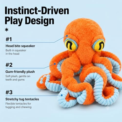 Squeaky Dog Plush Chew Toy, Interactive Tug Squeaky Toy for Chewers, Medium & Large Dogs & Fetch Play, 19.7 Inch Stuffed Octopus Toy with Flexible Spring Tentacles for Gentle Gum Care & Boredom Relief