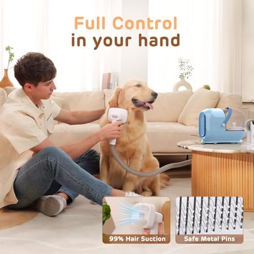 HEAPETS Dog Grooming Vacuum Kit - 3L Vacuum with 7 Tools, Low Noise Electric Clipper and Brush for Pet Shedding at Home, Blue