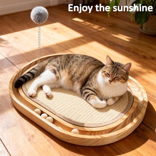 Sisal Cat Scratcher Pad with Wooden Ball Track Toy,Interactive Cat Toys for Kittens & Adult Cats Indoor, Anti-Scratch Furniture Protector for Bored Pet, Cat Enrichment Puzzle