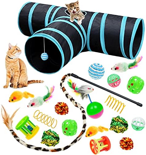 Malier Collapsible Cat Tunnels & Toys Set, Interactive Kitty Toys - Kitten & Cat - Feathers, Mouse, Crinkle Balls, 3-Way Tube Tunnel for Indoor Play