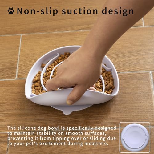 Bifeaw Slow Feeder Dog Bowls, Dishwasher Microwave Safe Silicone Puppy Puzzle Bowl with Non-Slip Design for Eating (White and Purple)