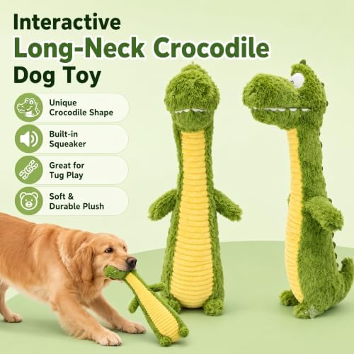 Squeaky Dog Plush Chew Toy, Interactive Tug Squeaky Toy for Chewers, Medium & Large Dogs & Fetch Play, 18.5 In Stuffed Long-Neck Crocodile Toy with Soft Plush Body for Gentle Gum Care & Boredom Relief
