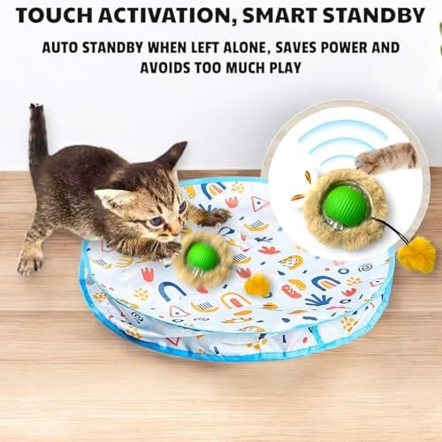 Smart Interactive Cat Toys, Automatic Motion Activated Moving Ball Hide and Seek Game, 28 Inch Play Mat, Fast Rolling Ball for Indoor Exercise Kicker, Fun Cat Toy Gift, Chirping Bird Sound
