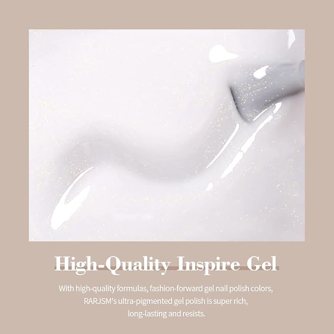 RARJSM Milky White Gel Nail Polish with Glitter Gold Shimmer Pigment Jelly Cream White Nude Gel Polish Neutral Color 15ml Sparkle Natural Color Soak off UV LED Cured for Home Salon DIY Nail Art