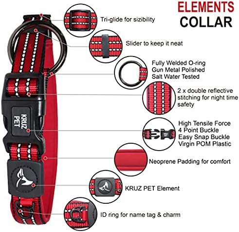 Kruz Dog Collar for Large Dogs (Width - 1", Length - 21"-25") Reflective Adjustable Pet Neck Band with Soft Padding, Heavy-Duty O-Ring, 100% Nylon Strap (Red, Large)