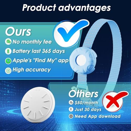 Cat Tracker,Breakaway Tracking Pet Collar with Finder Tag and Tracker Holder,No Monthly Fee,Compatible with Apple Find My (iOS Only), Reflective Strip Design with Bell(Blue)