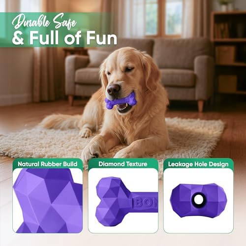 Natural Rubber Dog Toys for Small Dogs & Puppies - Durable Dental Dog Bone Toy for Indoor & Outdoor Play - Interactive Tough Teething Toy for Boredom Relief - For 25 lbs Small Dogs (Purple)
