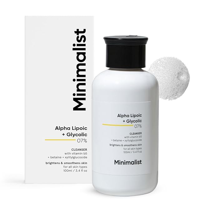 Minimalist ALA & AHA 7% Cleanser for Brightening, Exfoliating, Glow & Even Tone | With Vitamin B5 For Hydration & Glycolic Acid For Exfoliation | 3.4 Fl Oz / 100 ml