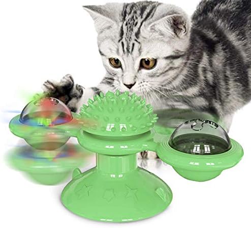 GBSYU Interactive Windmill Cat Toys with LED Light Ball, Catnip, Suction Cup, Cat Exercise, Green