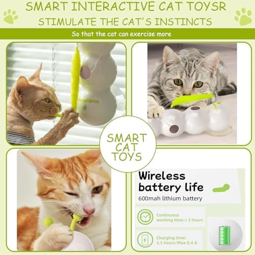 Caterpillar Cat Toy, Interactive with Worm Design, Automatic Cat Toy with Motion Sensor, Replaceable Tails Bite Resistant USB Rechargeable Teaser with Suction Cup,Indoor Cats for Daily Play