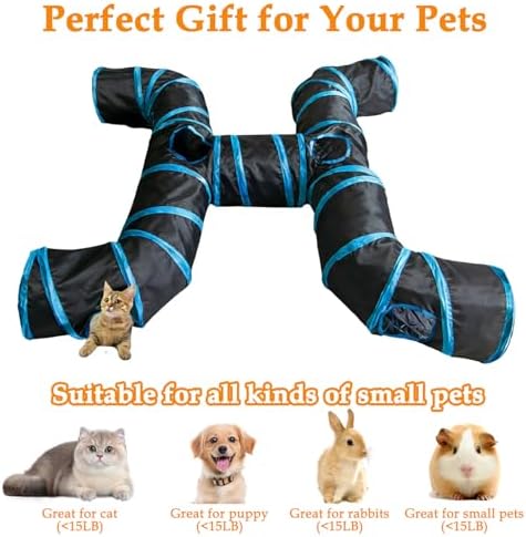 4-Way Large Cat Tunnel, H Shape Cat Tube Toy with Interactive Playing Balls, Peek Hole for Indoor Cats, Kitten, Kitty, Puppy, Rabbit (Black)