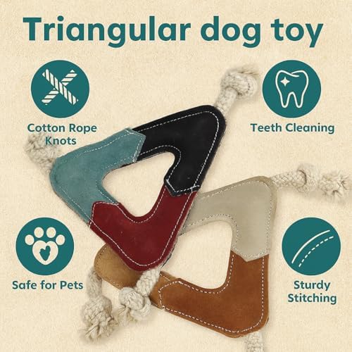 Triangle Shape Natural Suede Leather Dog Chew Toy with Strong Rope Knots, Interactive Tug and Play Toy for Medium to Large Dogs, Durable Daily Use (Pack of 2)