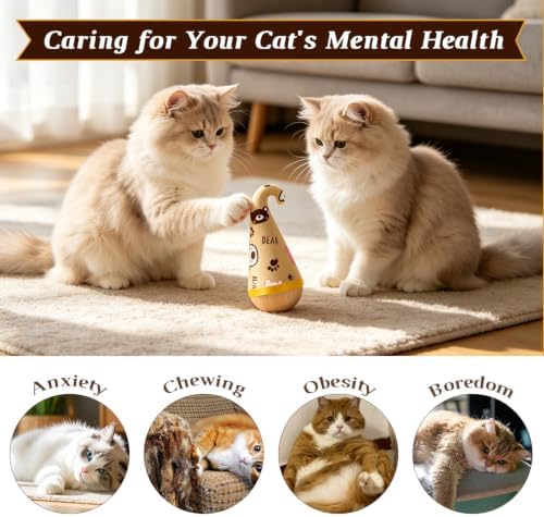 Wooden Interactive Cat Toy, Natural Beechwood Self‑Righting Weeble Toy with Colorful Feathers,Fluffy Plush Wooden Tumbler for Bored Adult Indoor Cats Silent Self Play Cat Enrichment Toy