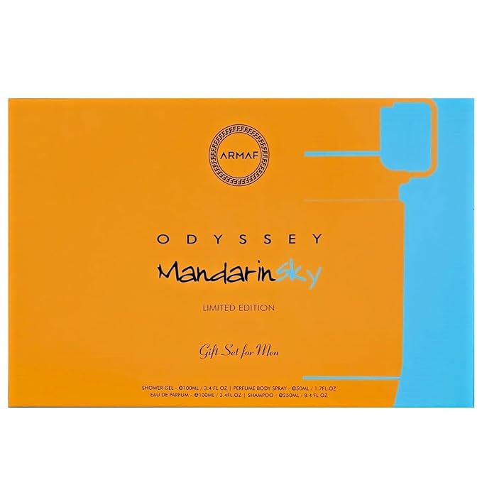 Armaf Odyssey Mandarin Sky – Citrus, Amber, Vanilla – 4-Piece Gift Set for Men (3.4 oz Eau de Parfum + 3.4 oz Shower Gel + 1.7 oz Body Spray + 8.4 oz Shampoo)
