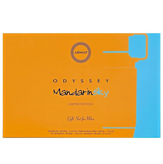Armaf Odyssey Mandarin Sky – Citrus, Amber, Vanilla – 4-Piece Gift Set for Men (3.4 oz Eau de Parfum + 3.4 oz Shower Gel + 1.7 oz Body Spray + 8.4 oz Shampoo)