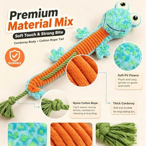 Dog Rope Toy Plush Squeaky Chew Tug of War Toy - Blue Frog
