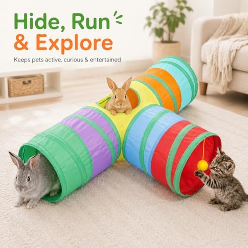 Rabbit Tunnel Collapsible 3 Way Tunnels and Tubes with Interactive Ball Bunny Hideout - Small Animal Activity Tunnel Toys for Dwarf Rabbit, Guinea Pig, Kitty