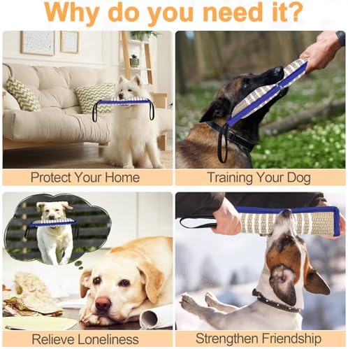 ToLanbbt Dog Tug Toy Bite Jute Pillow Pull Toy with 2 Strong Handles Perfect for Tug of War, Puppy Interactive Play, Tear Resistant Bite Training for Small Medium Large Dogs (Blue-Line)