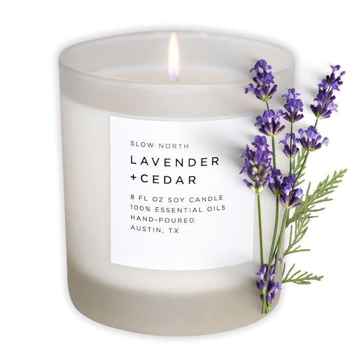 Slow North Lavender + Cedar Candle - Essential Oils and Pure Soy Wax Candle in a Reusable Frosted Glass Jar - A Unique Scented Candle Hand-Poured in the USA (8 oz)