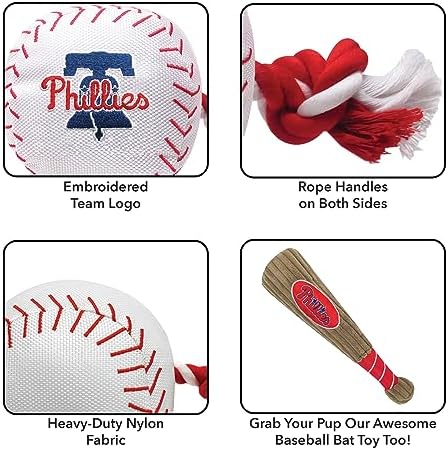 MLB PHILADELPHIA PHILLIES Baseball Rope Toy for DOGS & CATS. Tough nylon, Sporty Baseball Design, Heavy-duty ropes with Inner SQUEAKER