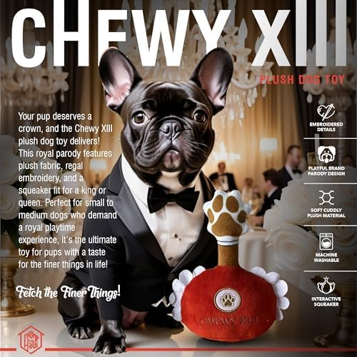 Chewy XIII – Luxurious Parody Plush Dog Toy with Squeaker, Premium Fabric, Embroidered Details, Designer-Inspired Chew Toy, Fun Gift for Medium Dogs & Dog Lovers