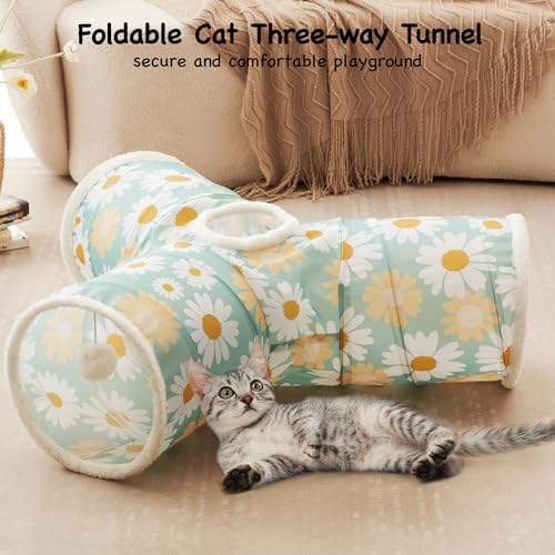 Tempcore Cat Tunnel, 3-Way Collapsible Toy for Indoor Cats, Daisy Green