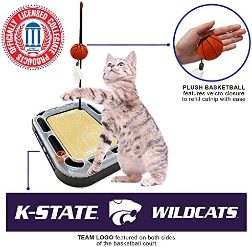 NCAA KANSAS STATE Wildcats 6-in-1 Scratcher and Wand - Basketball Court Cardboard Cat Scratcher with Catnip Plush Ball and Bell