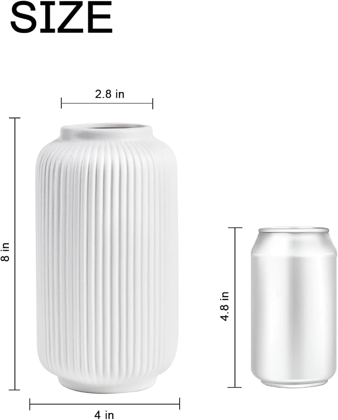White Ceramic Vase, 8 Inch Modern Flower Vase for Bouquet and Pampas Grass, Matte Frosted Large Opening Decorative Vase for Farmhouse Table, Shelf Decor