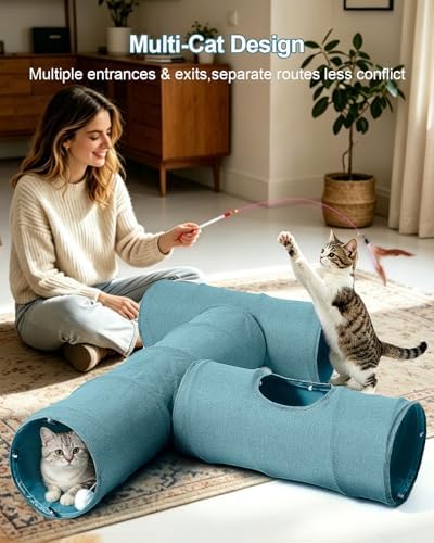 Cat Tunnel, 3 Straight Shaped Tunnels 6 DIY Shapes with Wand Toys, No Noise Scratch Resistant Cool Linen Fabric, Interactive Pet Tunnel Tube for Indoor Cats, Puppy and Rabbits