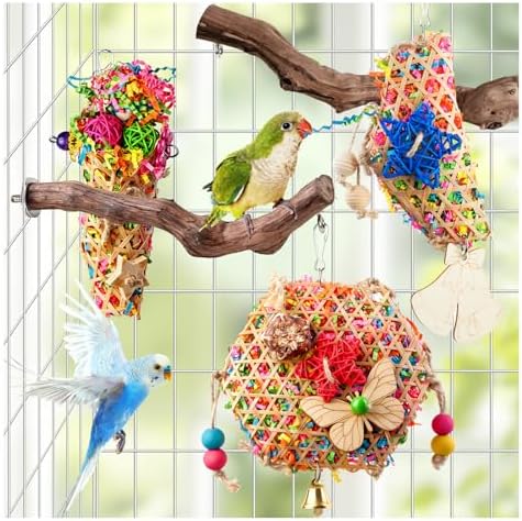 Bird Toys, Parakeet Foraging Toys, Hanging Chewing Toys with Natural Wooden Perches, Bird Cage Accessories, Suitable for Parakeets, Cockatiels, Budgies, Lovebirds & More