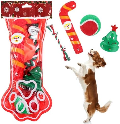 Shappy 1 Set 4 Pcs Christmas Dog Stocking Toys with Squeaky Dog Toys, Santa Cane, Tennis Ball, Xmas Tree, Rope, Bone, Paw Shape Xmas Stocking Pet Set, Interactive Pet Gifts