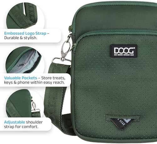 DOOG Neosport Walkie Bag - Lightweight Neoprene Dog Treat Pouch & Crossbody Shoulder Bag with Built-in Poop Bag Dispenser - Hands-Free Everyday Essentials - Green