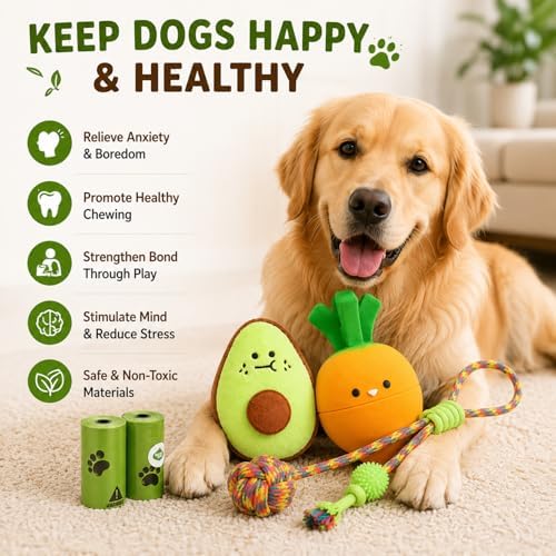 Cute Dog Toys for Small Dogs, Vegetable Puppy Toy Set with Squeaky Carrot, Avocado Plush & Rope Tug Toys, Interactive Puppy Starter Kit (Bright Orange)
