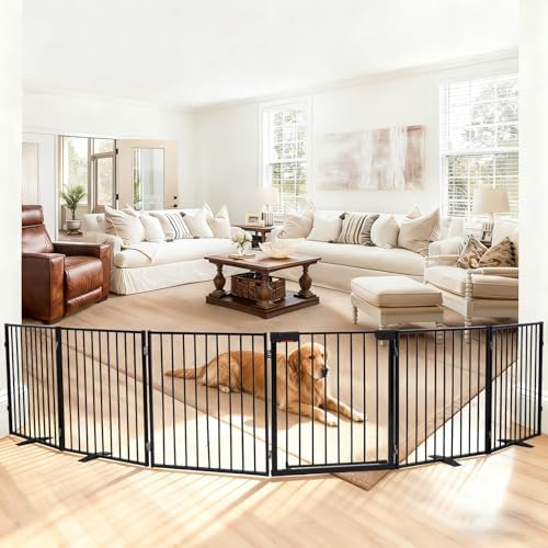 156" Extra Wide Dog Gate, Heavy Duty Metal Freestanding Dog Gate with Door for Indoor & Outdoor, Foldable Pet Fence for Doorways,House,Porch,Deck,Yard,Stairs, Auto Close(6 Panels,Black)