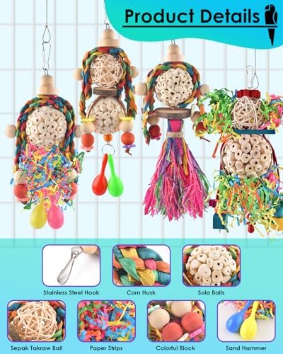 Bissap Conure Toys, 4 PCS Bird Parrot Foraging Shredder Hanging Toys Sola Balls with Sand Hammer for Small Parrots Parakeets Conures Cockatiels Love Birds Cage Toy
