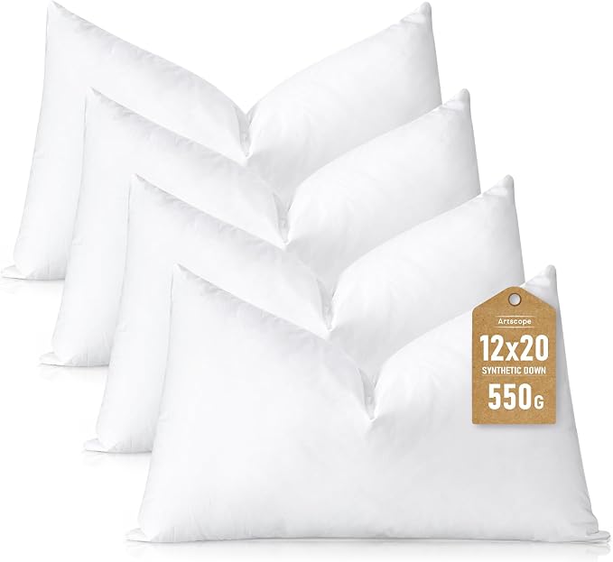Artscope Synthetic Down Lumbar Pillow Insert, 12x20 Down Alternative Throw Pillow Insert. Ultra Soft Fluffy Sleeping Pillow with 100% Cotton Cover, Decorative Pillows Set of 4-White.
