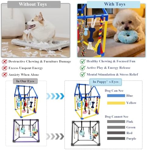 ASOCEA Puppy Play Gym for Small Dogs – Interactive Jungle Gym with 10 Hanging Toys, Adjustable Height, Safe PVC Frame for Indoor Puppy Entertainment, Teething & Mental Stimulation