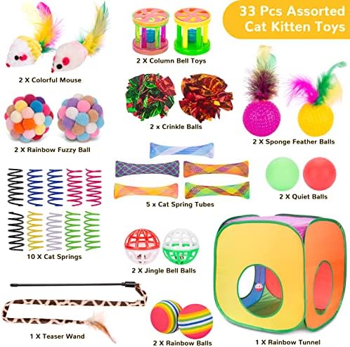 Retro Shaw 33 Pack Cat Toys for Indoor Cats, with Cat Game Tunnel | Interactive Kitten Toys Set Feather Wand Crinkle Balls Bell Springs Mice, for Bored Cats Chase Self-Play