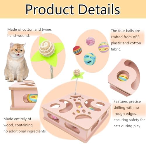 Interactive Wooden Cat Puzzle Toy Box Indoor Hunting Play Toy to Stimulate Your Cat’s Energy and Instincts (Pink)