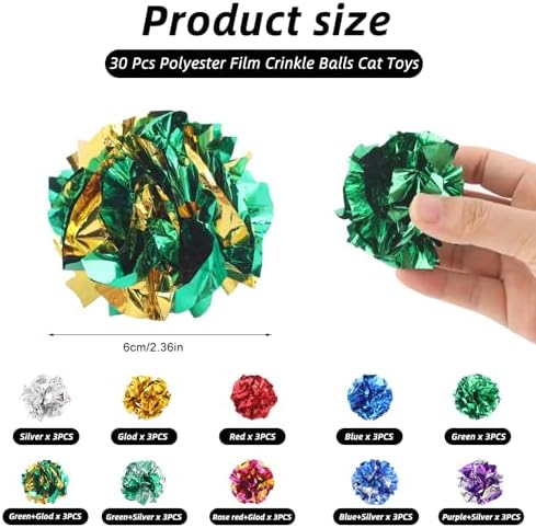 30 Pcs Cat Crinkle Balls Toys,2.36 Inch Funny Interactive Cat Toys,Polyester Film Interactive Crinkle Ball,Colorful Lightweight Chew Chase Toys for Indoor Pet to Keep Fit and Active (Ten Colors)