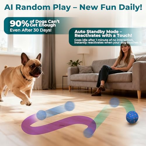 Roinoim Automatic Interactive Dog Ball Toy, Motion Activated Durable Rope Dog Chew Toy, USB Rechargeable Pet Exercise Ball for High Energy Dogs, Indoor Outdoor Playing, Blue
