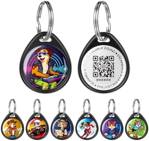 QR Code Dog Tag and Cat Tag, Scan to Reunite Faster, Waterproof and Durable, Lightweight and Quiet, Updatable Contact Info, with Eye-Catching Pet Character Design, Black-Party DJ