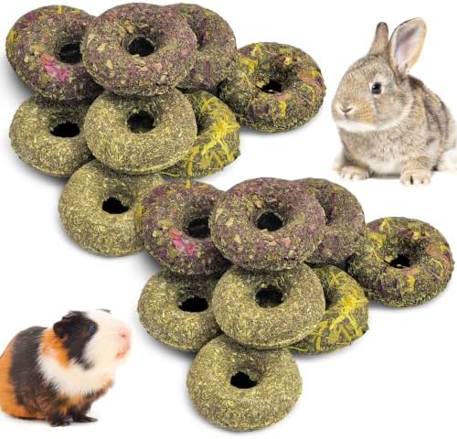 Fhiny 20 PCS Rabbit Chew Toys, Rabbit Treats with Natural Grass and Flowers, Pet Molar Grass Cakes for Guinea Pigs, Chinchillas, Hamsters and Other Small Rodents