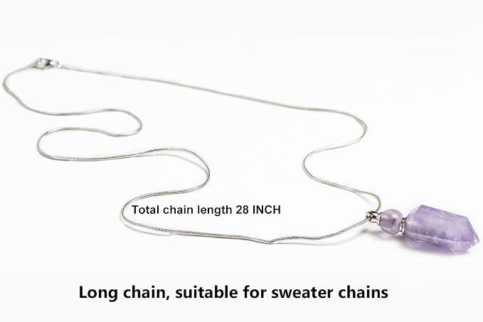AMOYSTONE 1P Natural Amethyst Necklace Long Chain, Healing Oil Crystals Perfume Necklace Aromatherapy Bullet Shape Pendant Womens Gift