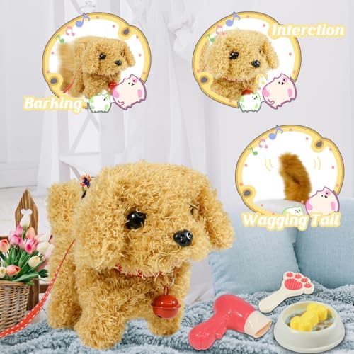 Plush Toys Walking Dog Toys that Can Walk, Bark and Wag Tail,Interactive Electronic Pet Toys Puppy with Leash,Easter Christmas Birthday Gift for Toddlers Kids