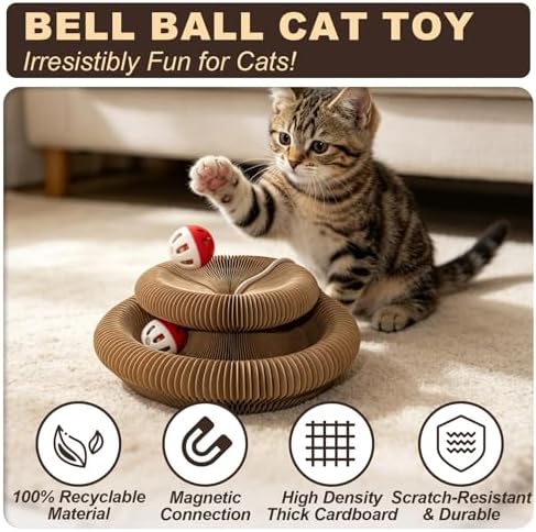 2-Pack Cat Pad Scratcher Toys, Magic Organ Cat Toy & Kitty Curls Cat Toy, Interactive Cardboard Cat Scratching Board with Bell Balls, Corrugated Scratcher for Indoor Cats, Furniture Protection