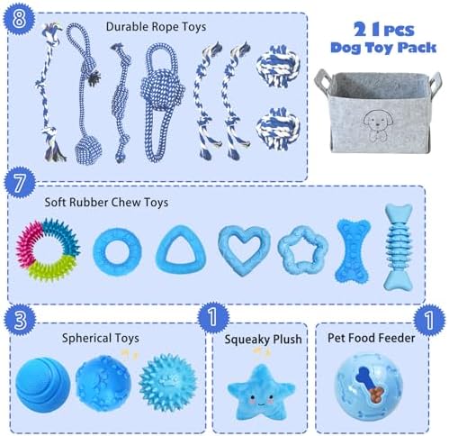 MRSOHRET Upgraded 21Pcs Puppy Chew Toys - Blue Puppy Chew Toys Bundle for Teething, Puppies Teething Toys with Durable Rope Rubber Ball, Pet Interactive Toys for Small Medium Dogs with Basket