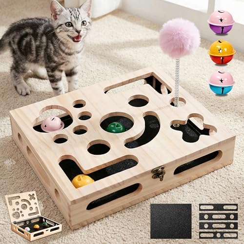 Cat Nail File Enrichment Box, Wood Puzzle Scratcher Toy with Sandpaper
